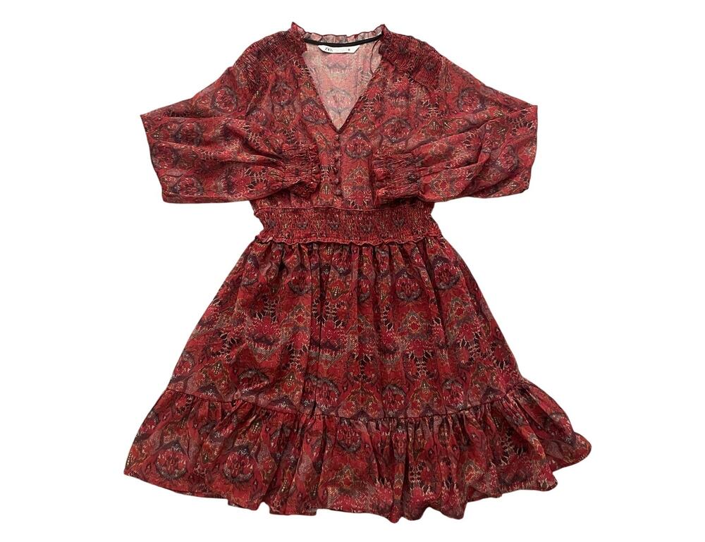ZARA Womens Size M Rust Red Paisley Long Sleeve Smocked Waist Mini Dress
